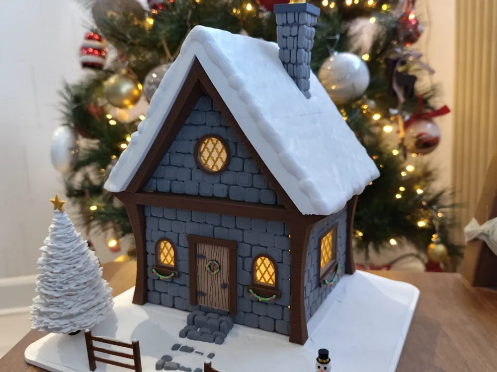 3D printed decorative house model made with PLA filament for holiday decor and creative projects