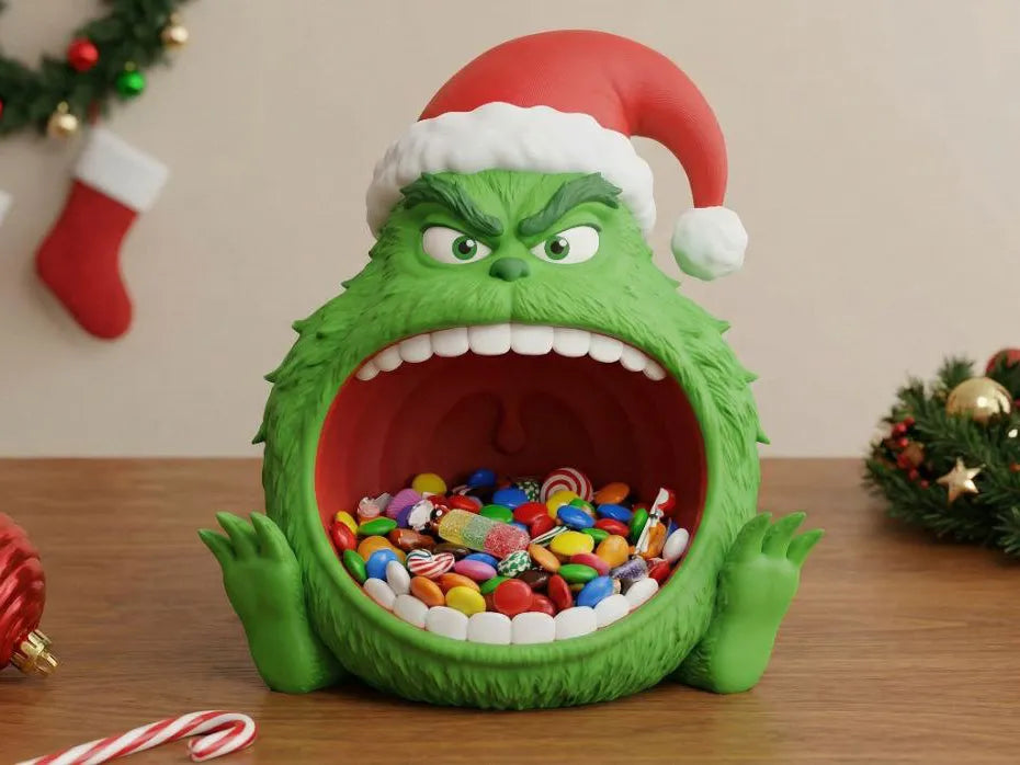 Large 3D printed green monster candy bowl made with colorful PLA filament for holiday decoration