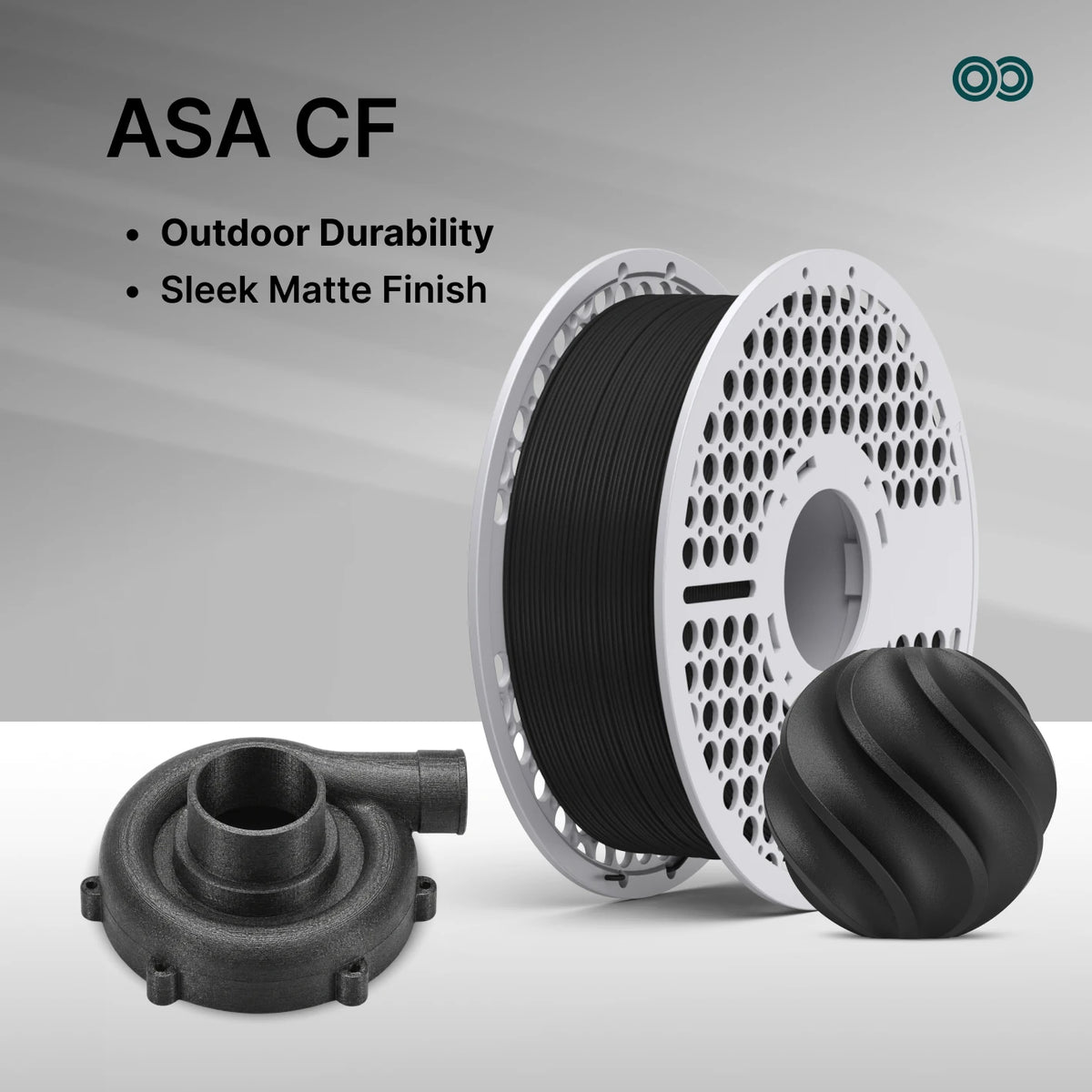 ASA CF 3D printing filament shown on a spool with two printed sample parts: a black threaded fitting and a black ribbed ball, on a gray gradient background with text reading 'ASA CF' and bullet points about outdoor durability and sleek matte finish.