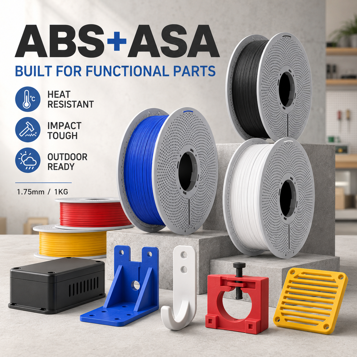 Spools of ABS and ASA filament with functional parts on a concrete surface.