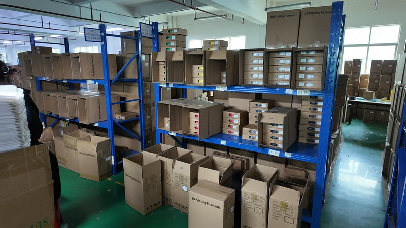Warehouse area with organized inventory and packaging materials inside Filazoo factory