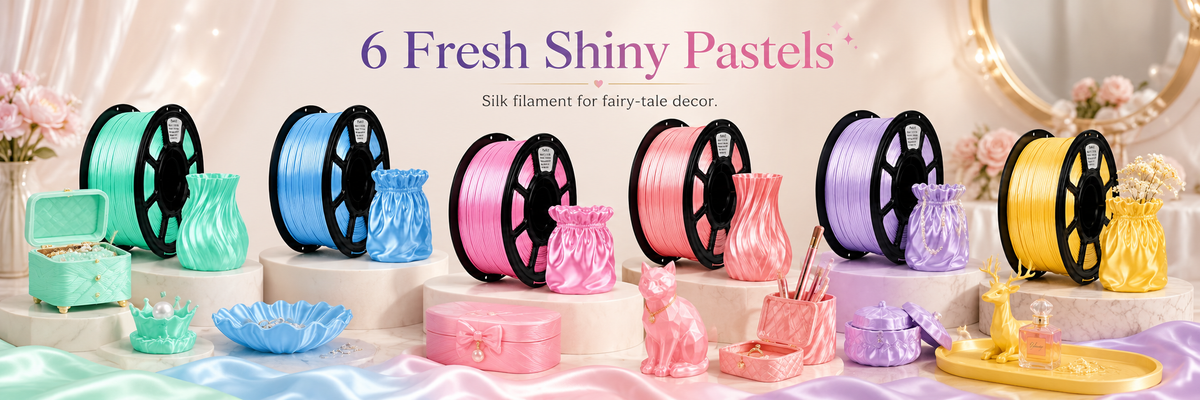 Promotional banner showing PLA Silk 3D printing filament spools with a Pay 3 Get 4 flash sale offer and colorful silk-finish prints.
