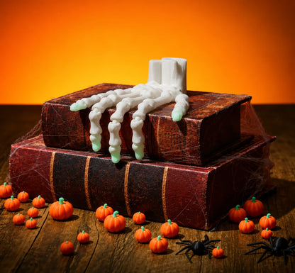 Articulated skeleton hand Halloween 3D print made with white PLA filament