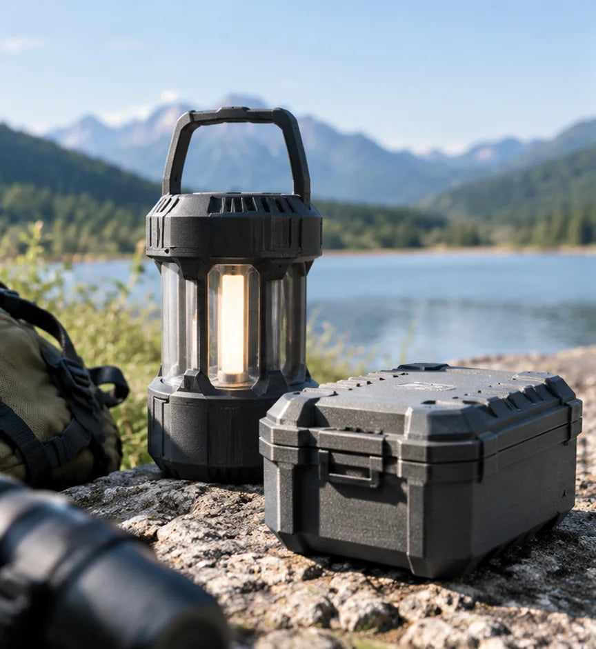 Filazoo ASA-CF 3D printed camping lantern and rugged storage case by a lake