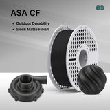 ASA CF 3D printing filament shown on a spool with two printed sample parts: a black threaded fitting and a black ribbed ball, on a gray gradient background with text reading 'ASA CF' and bullet points about outdoor durability and sleek matte finish.