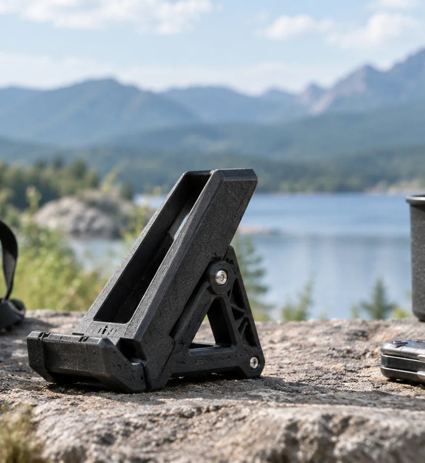 Filazoo ASA-CF 3D printed phone stand on a rock overlooking a mountain lake