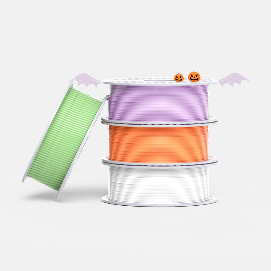 Cute Spooky Halloween PLA filament bundle with orange, soft lavender, mint green, and white