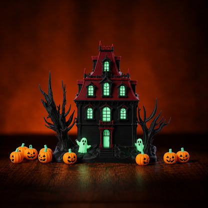 Glow-in-the-dark haunted house 3D print made with the Haunted Halloween PLA bundle