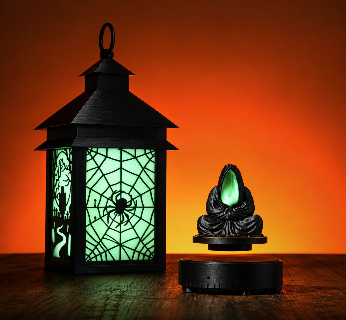 Glow-in-the-dark lantern and reaper Halloween 3D prints