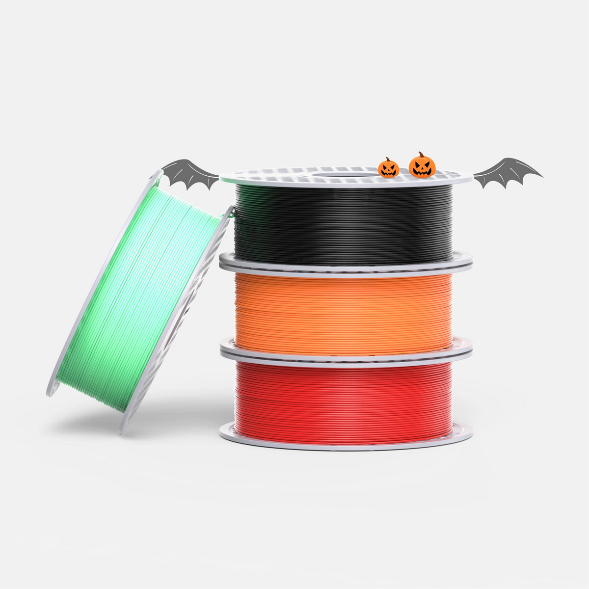 Haunted Halloween PLA filament bundle with black, purple, red, and glow green